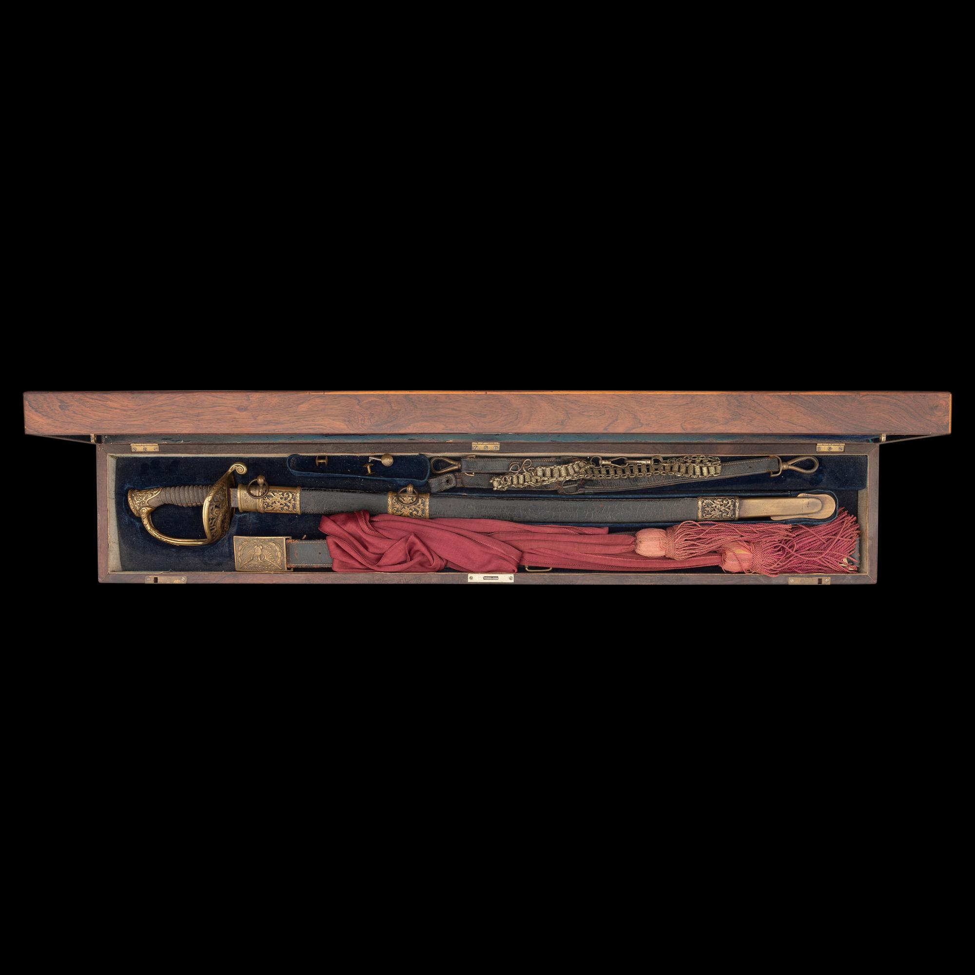 Cased Damascus Bladed Import 1850 Staff & Field Officers Sword Presented to Capt. (Major) William Wood - 9th NY Heavy Artillery with Belt and Sash