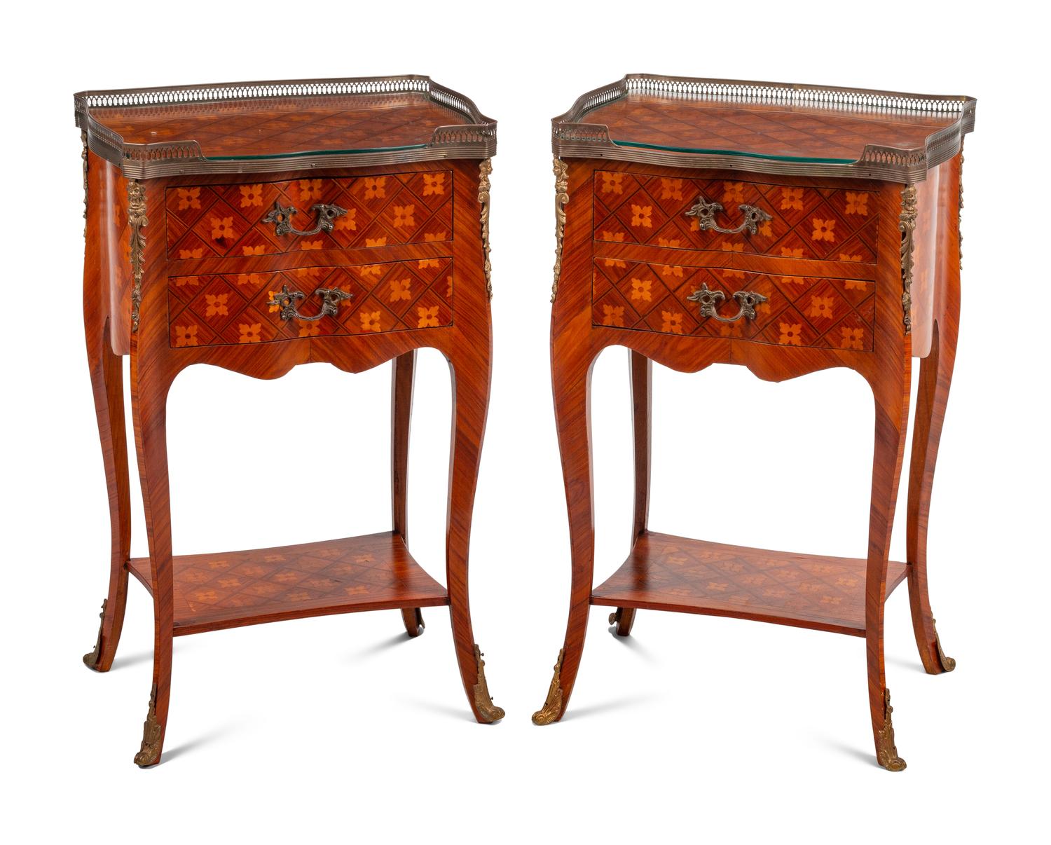 A Pair of Louis XV/XVI Transitional Style Marquetry Tables en Chiffonier