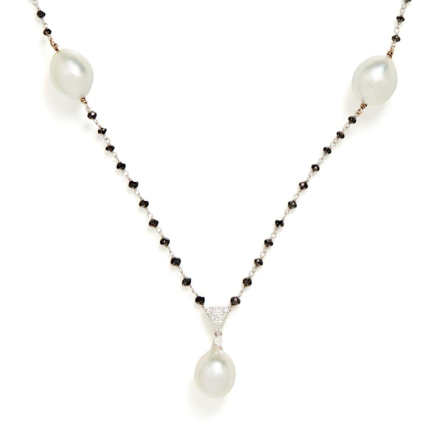 CULTURED PEARL, DIAMOND AND BLACK DIAMOND NECKLACE