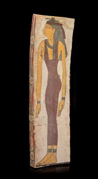 An Egyptian Painted Wood Coffin Panel Height 37 x width 10 1/2 inches. — LATE PERIOD TO PTOLEMAIC PERIOD, 664-30 B.C.E.