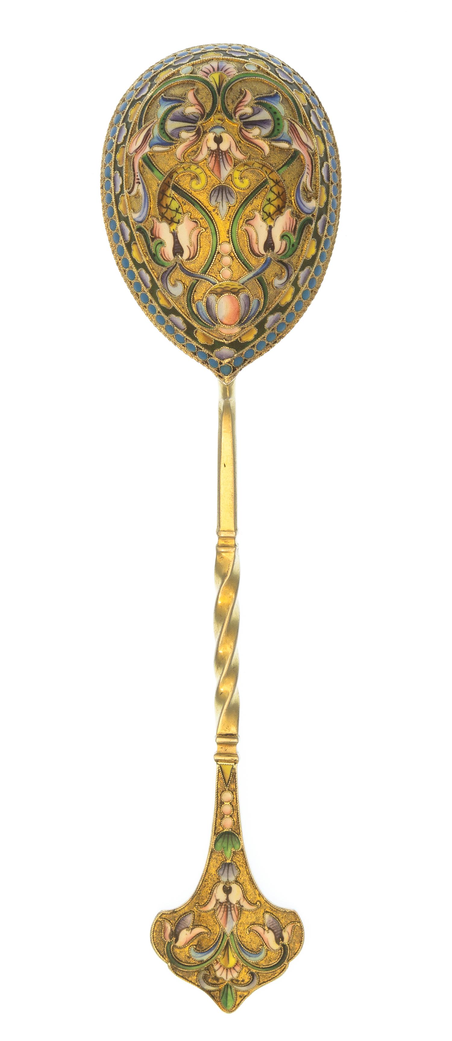 A Russian Silver-Gilt and Enamel Spoon, Maker's mark obscured, Moscow, late 19th/early 20th century, having a twist handle and polychro
