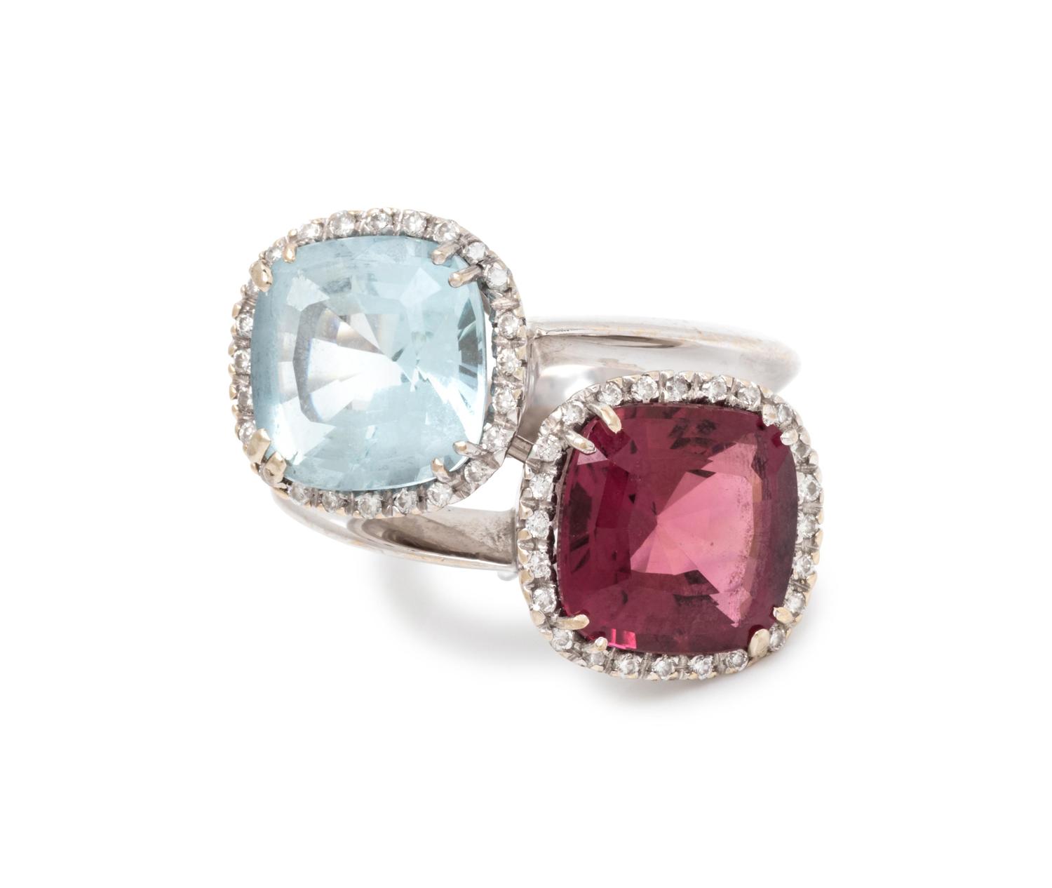 GARAVELLI, PINK TOURMALINE, AQUAMARINE AND DIAMOND RING