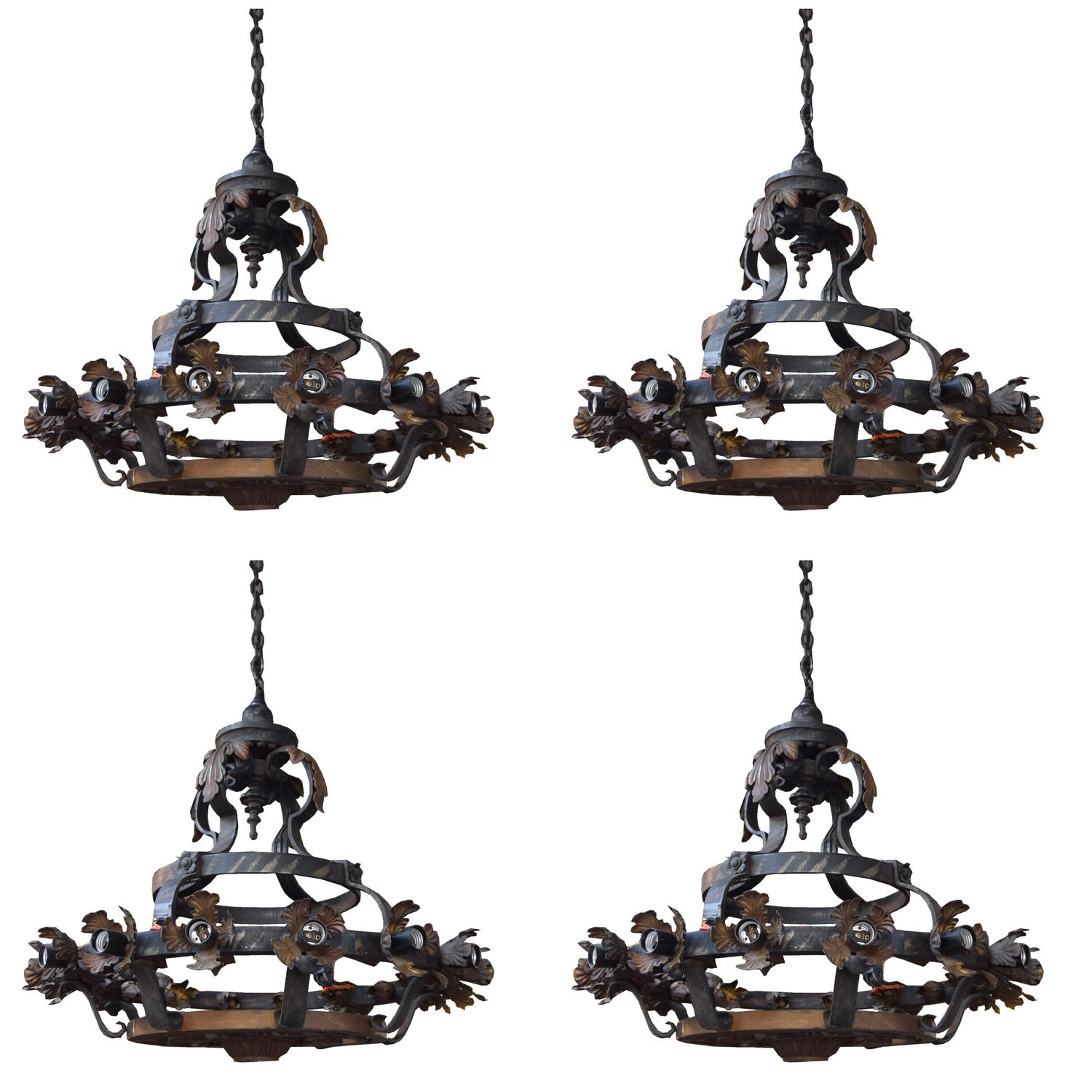 A Set of Four Wrought Iron Chandeliers 24" W x 24" D x 24" H — Continental, Circa 1900