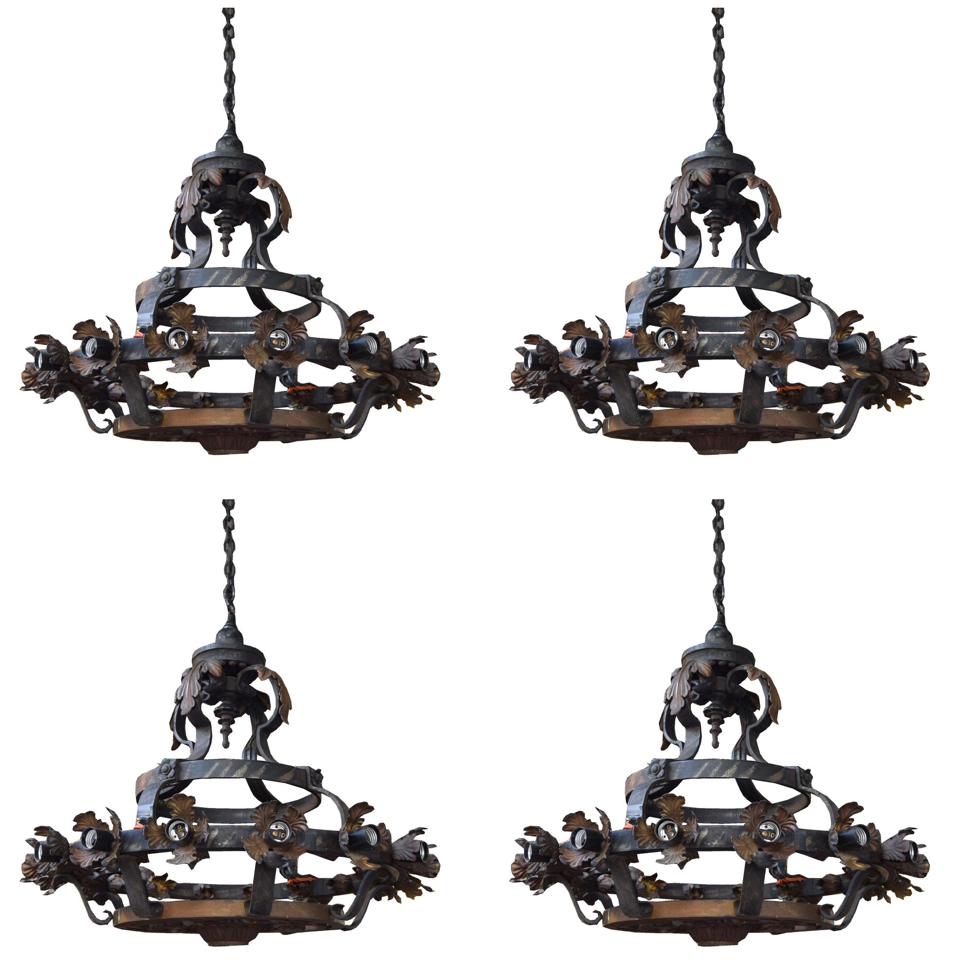 A Set of Four Wrought Iron Chandeliers 24" W x 24" D x 24" H — Continental, Circa 1900