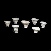 Seven Chinese Blanc-de-Chine Porcelain Libation Cups, 18th-Early 20th Century 清中期-民國 德化白瓷梅花杯及鹿鶴同春杯七支