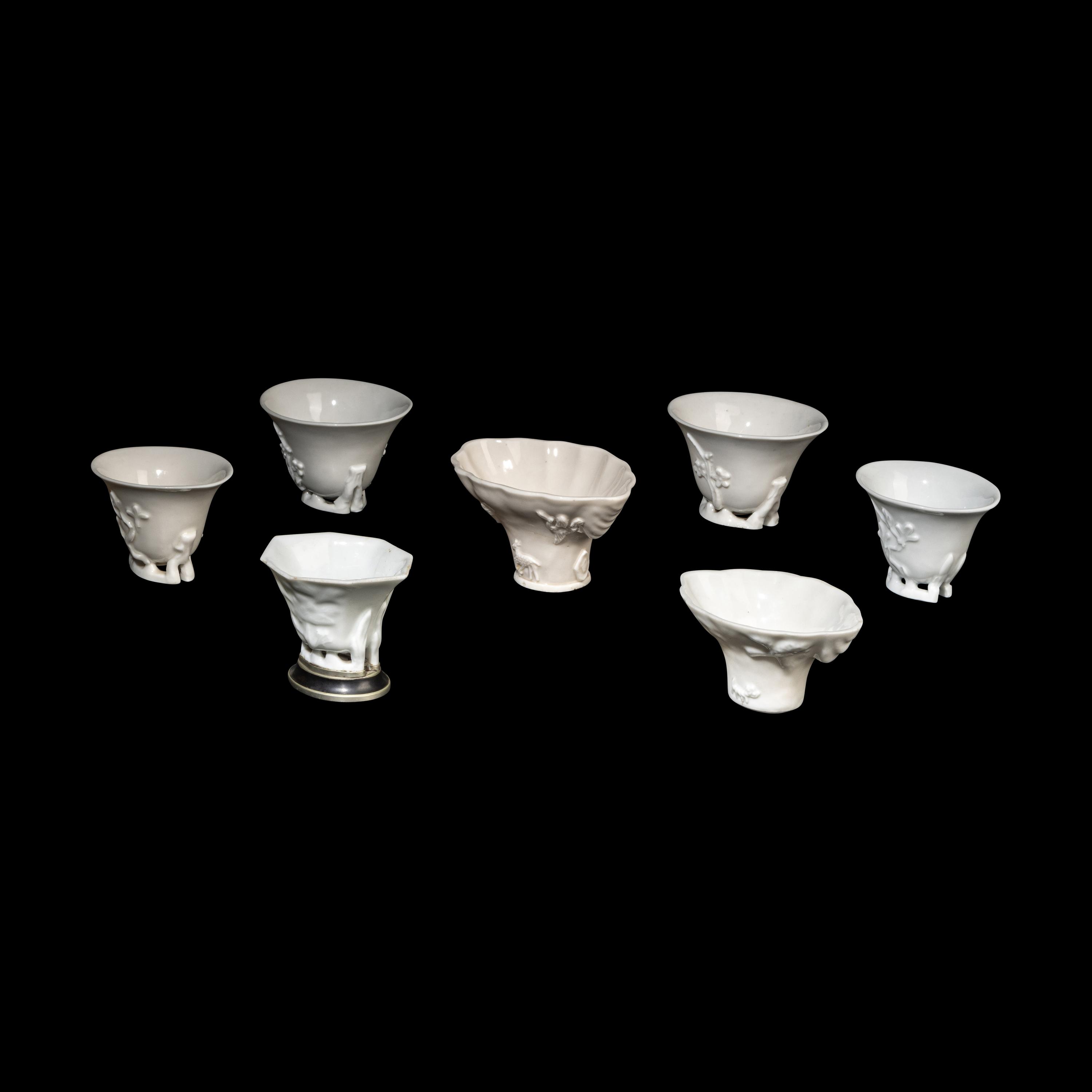 Seven Chinese Blanc-de-Chine Porcelain Libation Cups, 18th-Early 20th Century 清中期-民國 德化白瓷梅花杯及鹿鶴同春杯七支