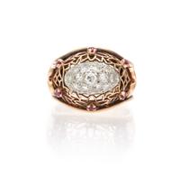 A Retro Rose Gold, Platinum, Ruby and Diamond Ring, 5.80 dwts.