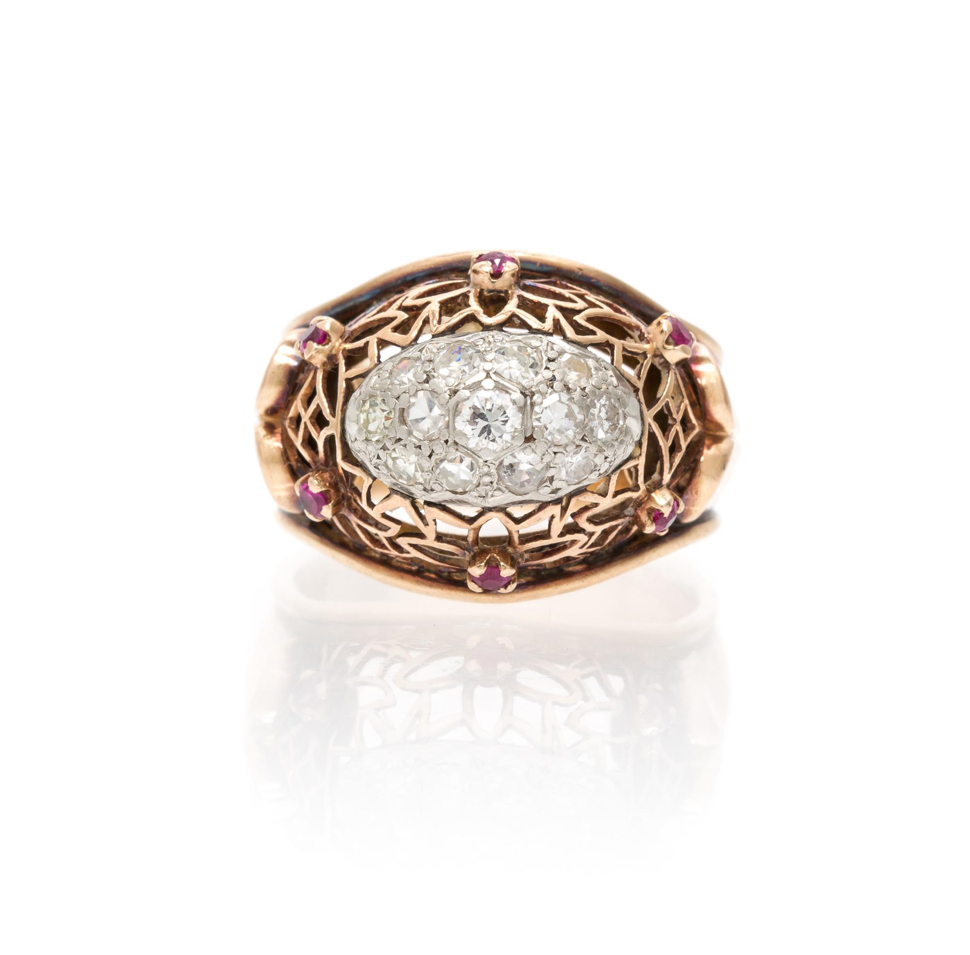 A Retro Rose Gold, Platinum, Ruby and Diamond Ring, 5.80 dwts.