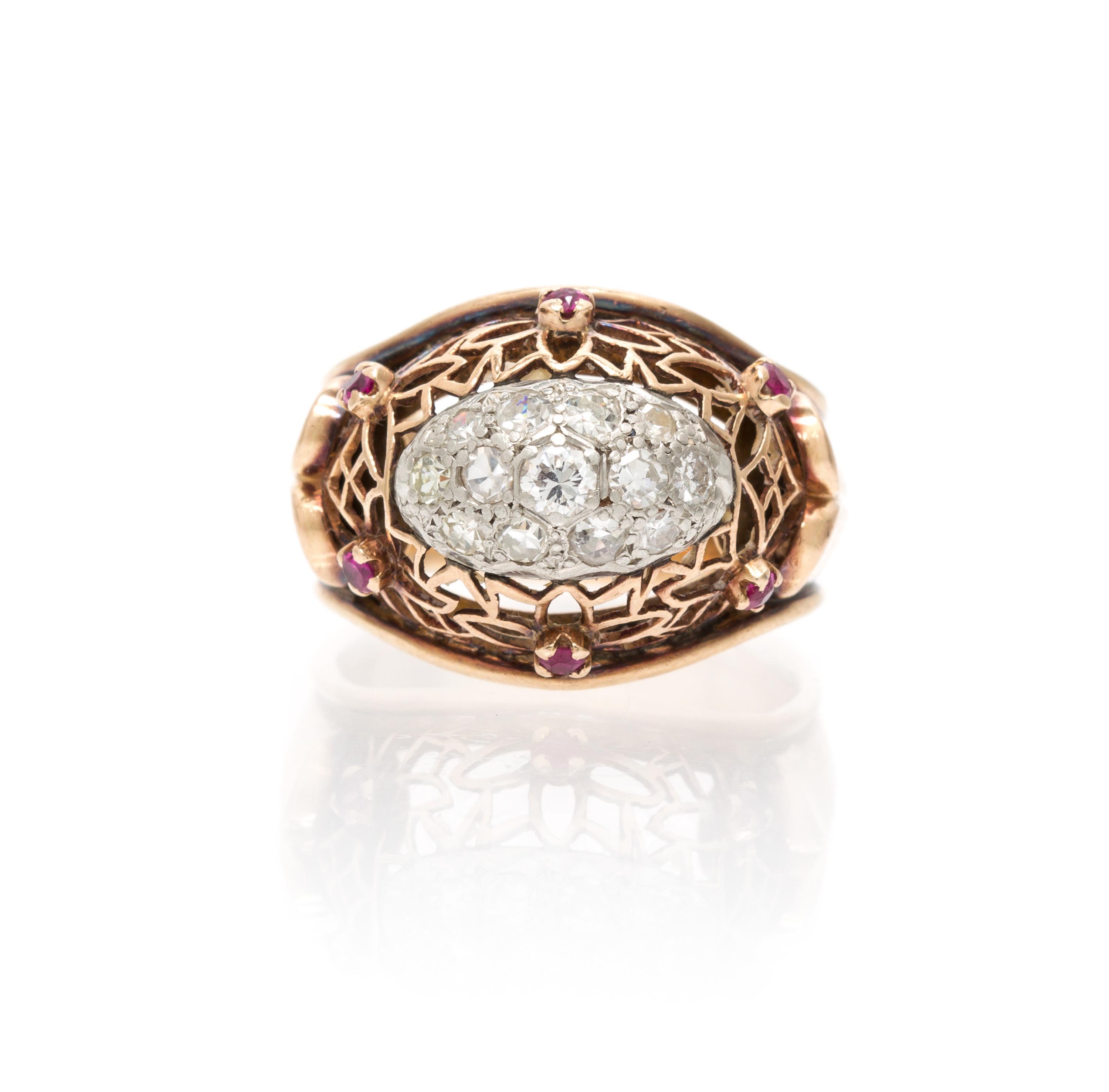 A Retro Rose Gold, Platinum, Ruby and Diamond Ring, 5.80 dwts.