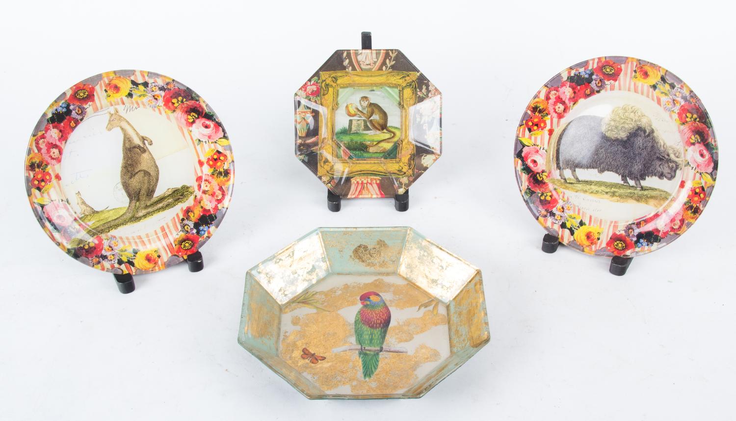 Four Glass Plates with Reverse Printed Images Diameter of largest 8 inches.