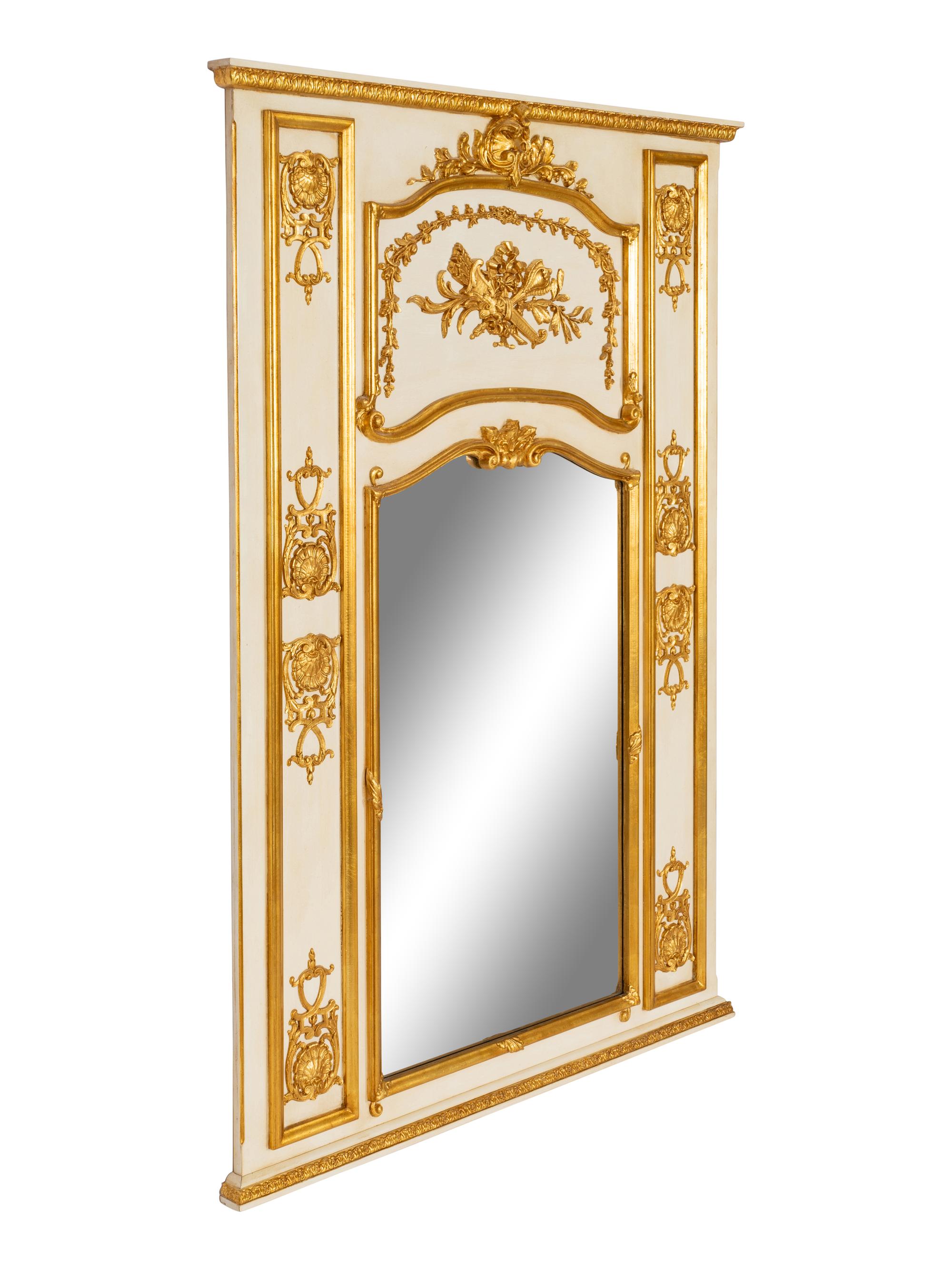 A Pair of Louis XVI Style Cream-Painted and Parcel Gilt Mirrors