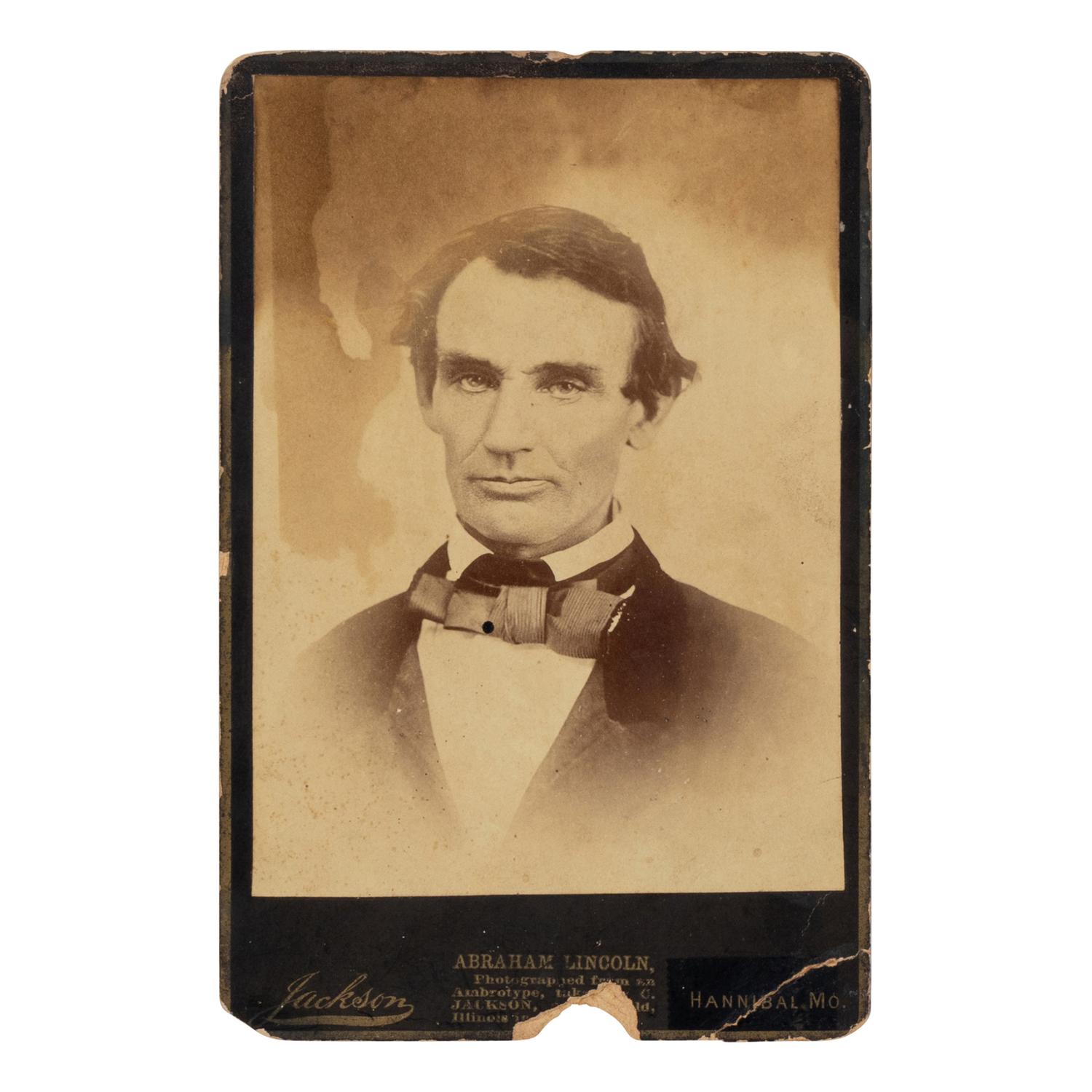 [LINCOLN-DOUGLAS DEBATES]. -- [JACKSON, Calvin (1820-1888), photographer]. A cabinet card photograph of a beardless Lincoln taken from an ambrotype, 1 October 1858 [but ca 1880s].
