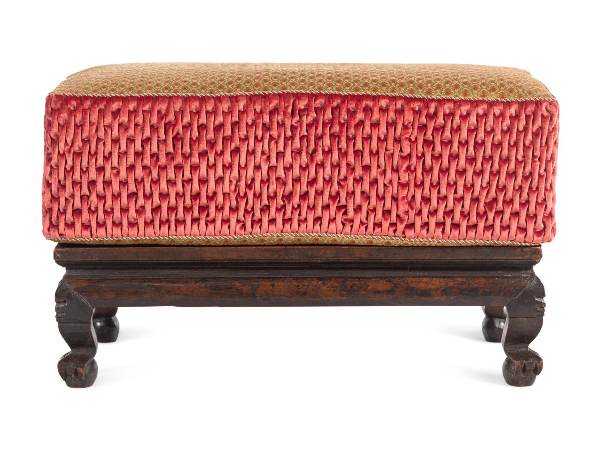 An Indian Carved Hardwood Low Stand Converted to an Upholstered Bench