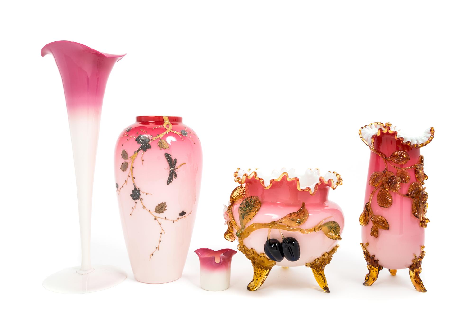 Five Peachblow Glass Vases Height of tallest 14 1/2 inches — 19TH CENTURY