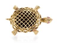 A Yellow Gold, Onyx and Ruby Turtle Brooch, 6.80 dwts.