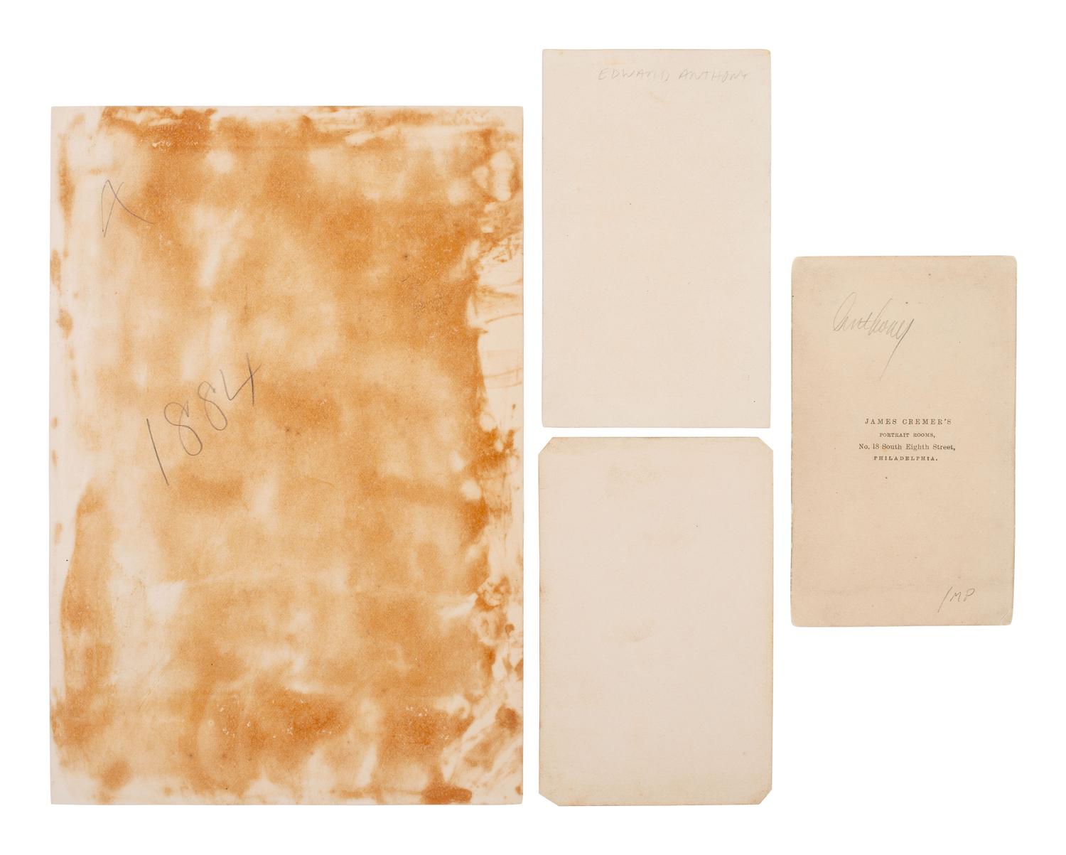 [EARLY PHOTOGRAPHY]. A group of 7 items identified to E & H.T. Anthony, including rare CDVs of Edward Anthony.