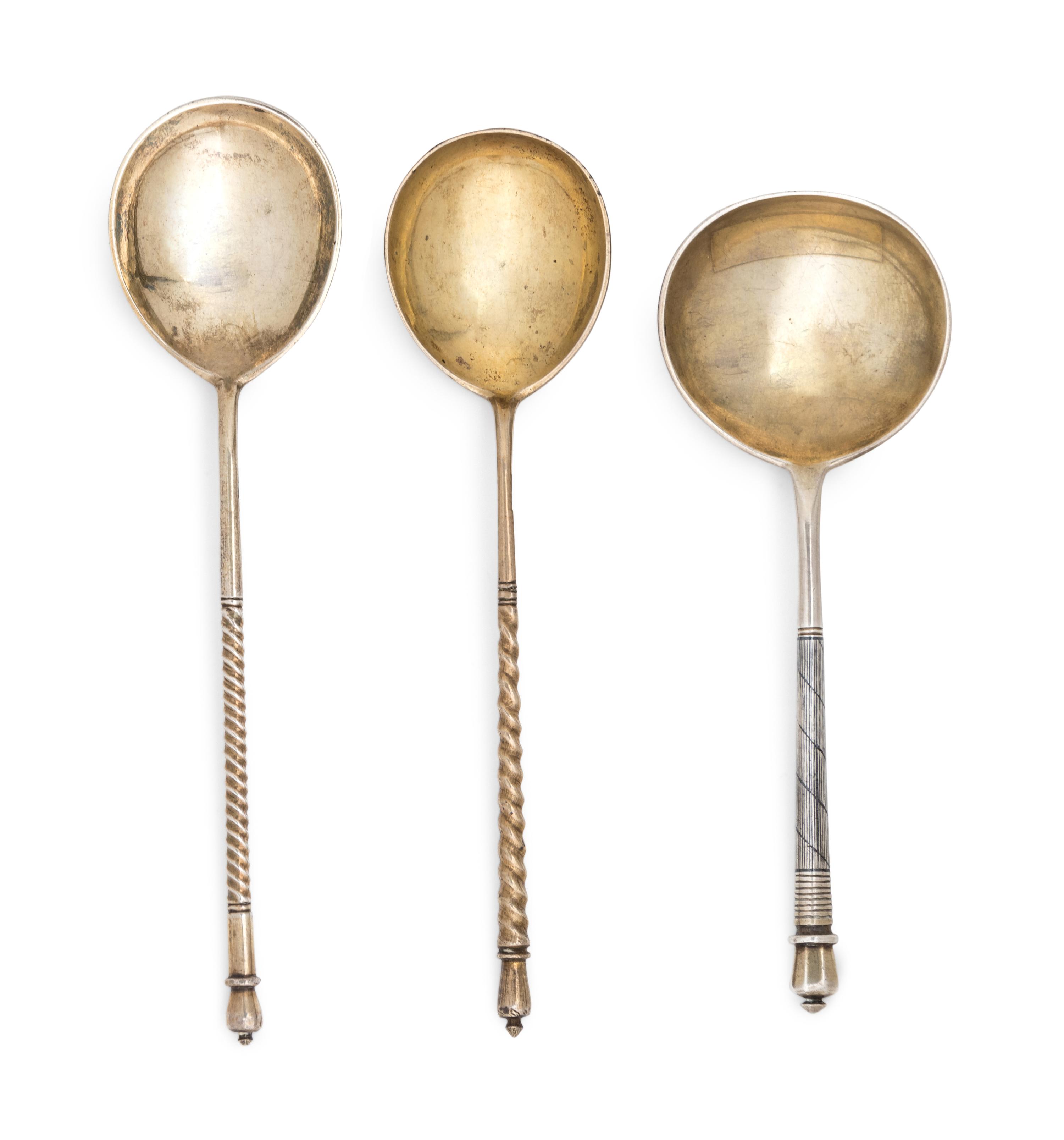 Three Russian Niello Silver Spoons