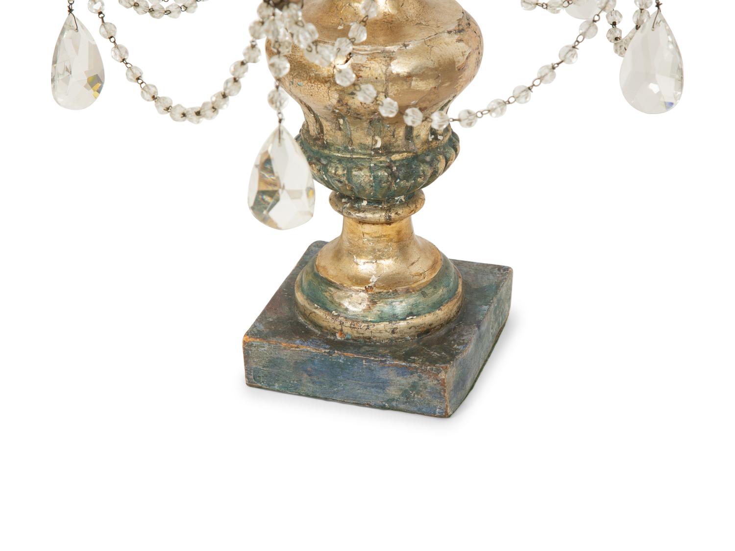 A Pair of Louis XV Style Cut Glass Five-Light Girandoles in Silvered Wood Bases