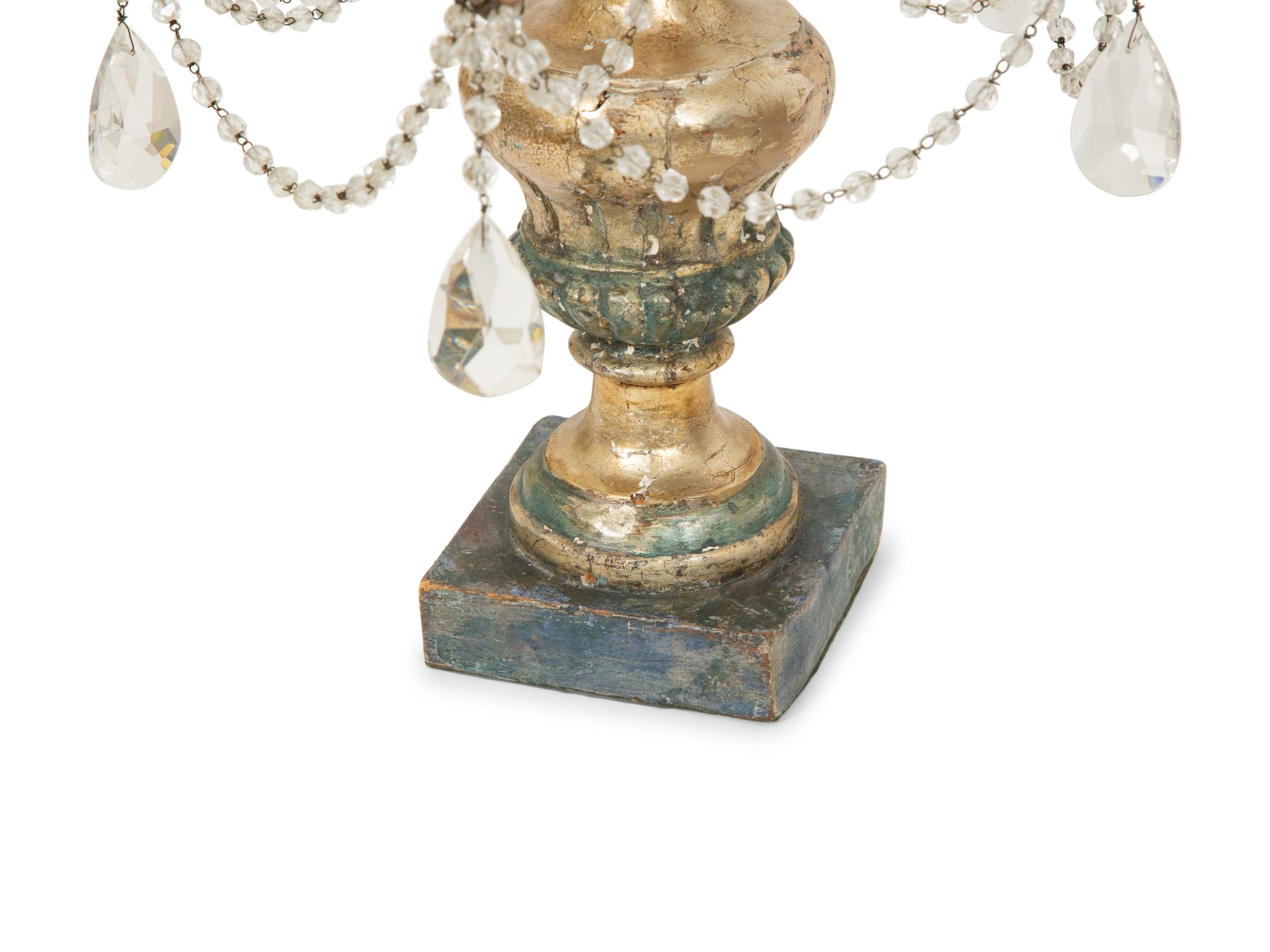 A Pair of Louis XV Style Cut Glass Five-Light Girandoles in Silvered Wood Bases