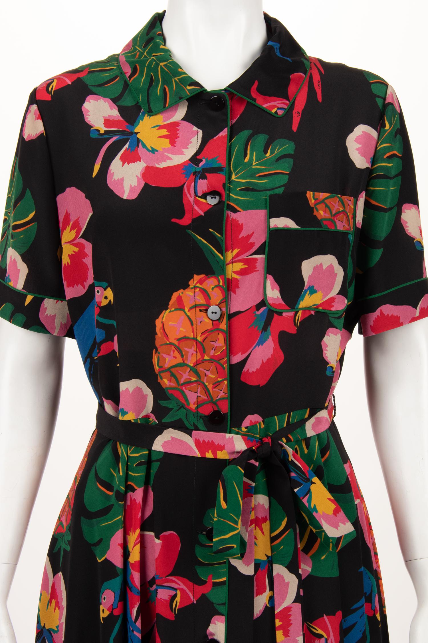 Valentino Silk Short Sleeve Tropical Print Dress with Belt, Resort 2017