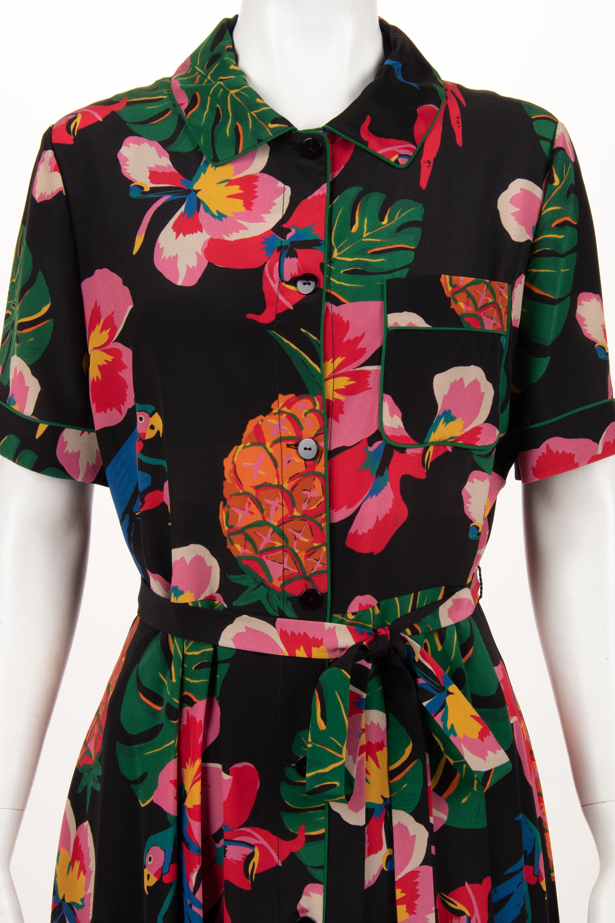 Valentino Silk Short Sleeve Tropical Print Dress with Belt, Resort 2017