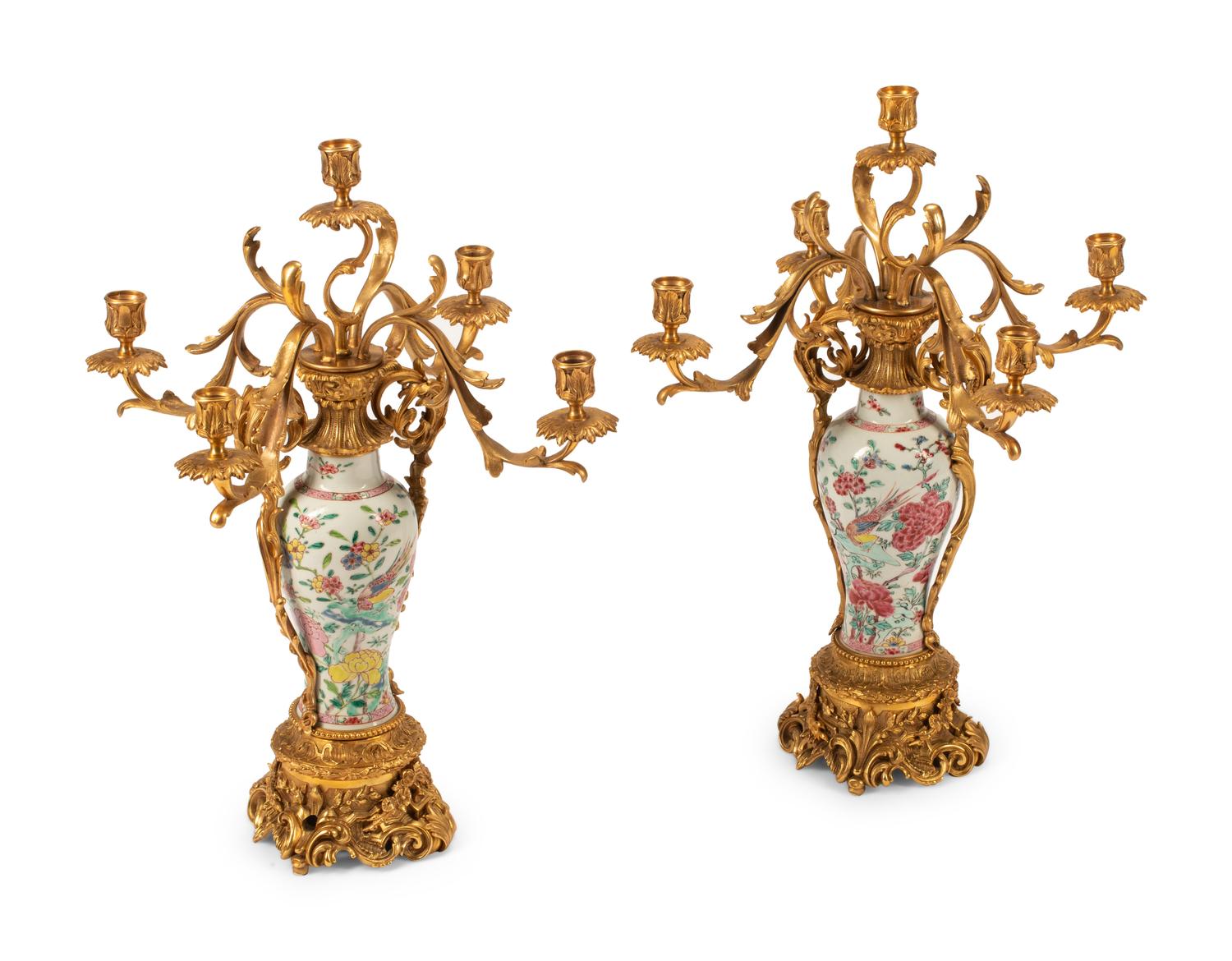 A Pair of Chinese Export Porcelain and Gilt Bronze Candelabra