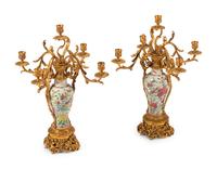 A Pair of Chinese Export Porcelain and Gilt Bronze Candelabra