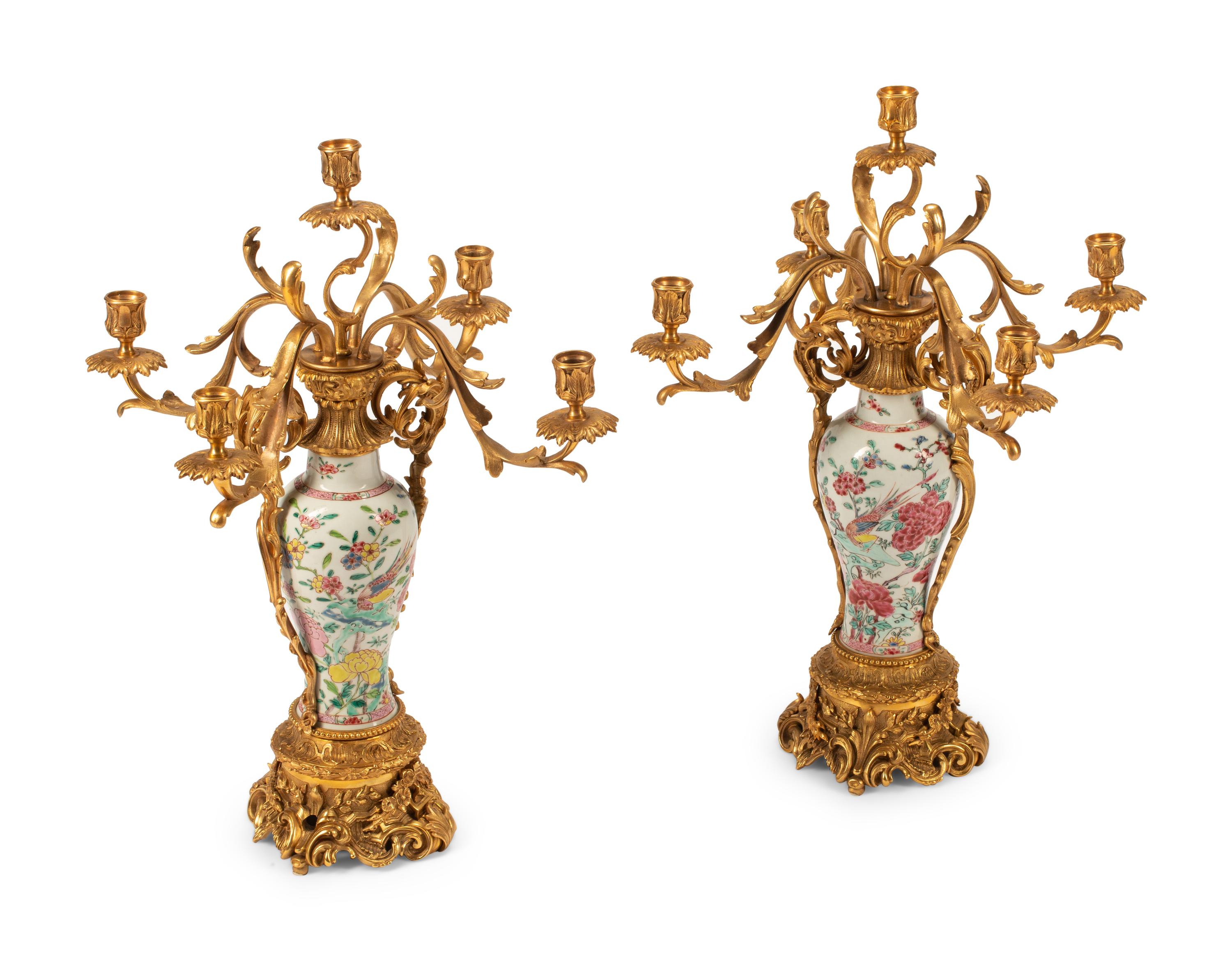 A Pair of Chinese Export Porcelain and Gilt Bronze Candelabra