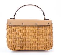 Salvatore Ferragamo Tan Leather and Wicker Handbag, 1980-90s 10" x 6.5" x 5"; Handle drop: 3.5"