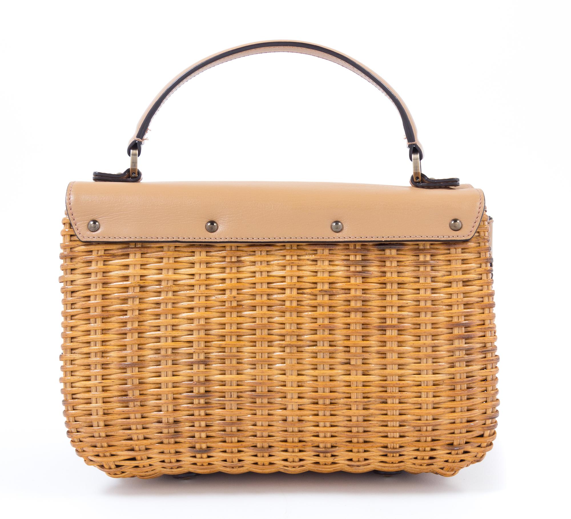 Salvatore Ferragamo Tan Leather and Wicker Handbag, 1980-90s 10" x 6.5" x 5"; Handle drop: 3.5"