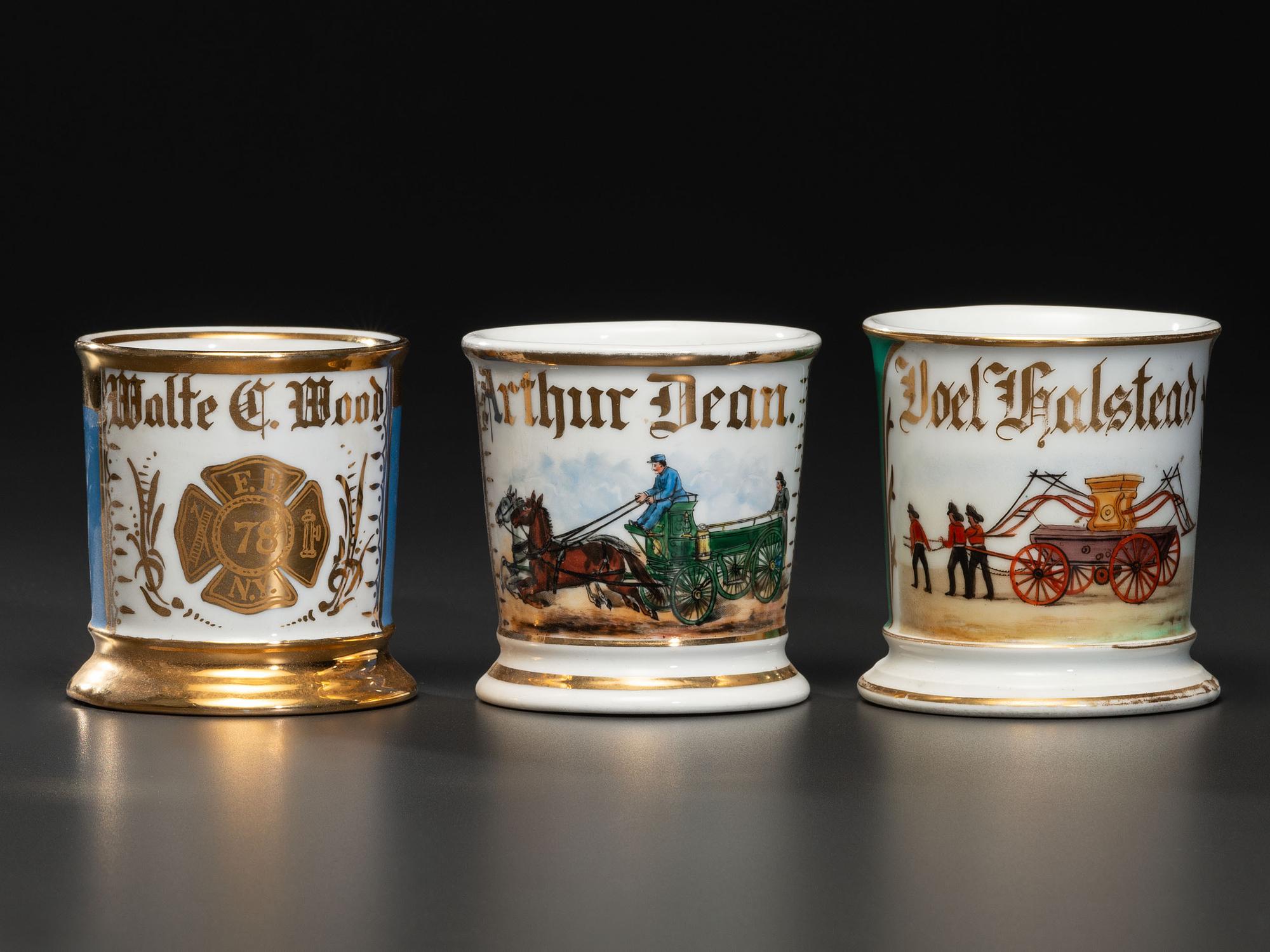 Three Firefighter's Porcelain Occupational Shaving Mugs
