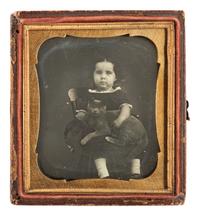 [EARLY PHOTOGRAPHY]. Sixth plate daguerreotype portrait of an adorable young girl holding her gray feline friend in her lap.