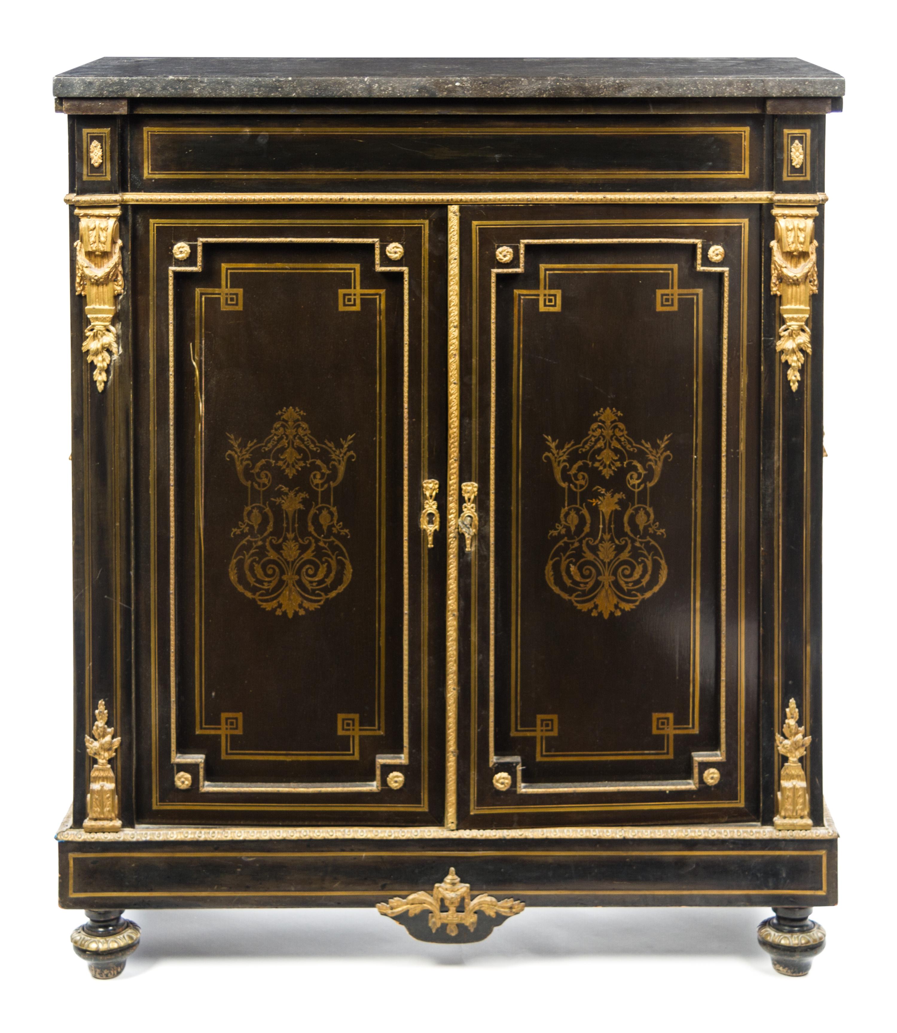 A Napoleon III Brass Inlaid Meuble d'Appui Height 41 3/4 x width 35 7/8 x depth 14 7/8 inches. — LATE 19TH CENTURY