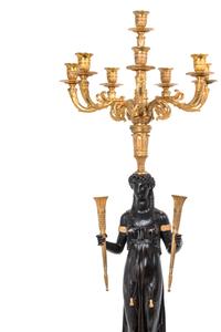 A Pair of Empire Style Gilt and Patinated Bronze Eight-Light Candelabra — MANNER OF PIERRE-PHILIPPE THOMIRE, 19TH CENTURY