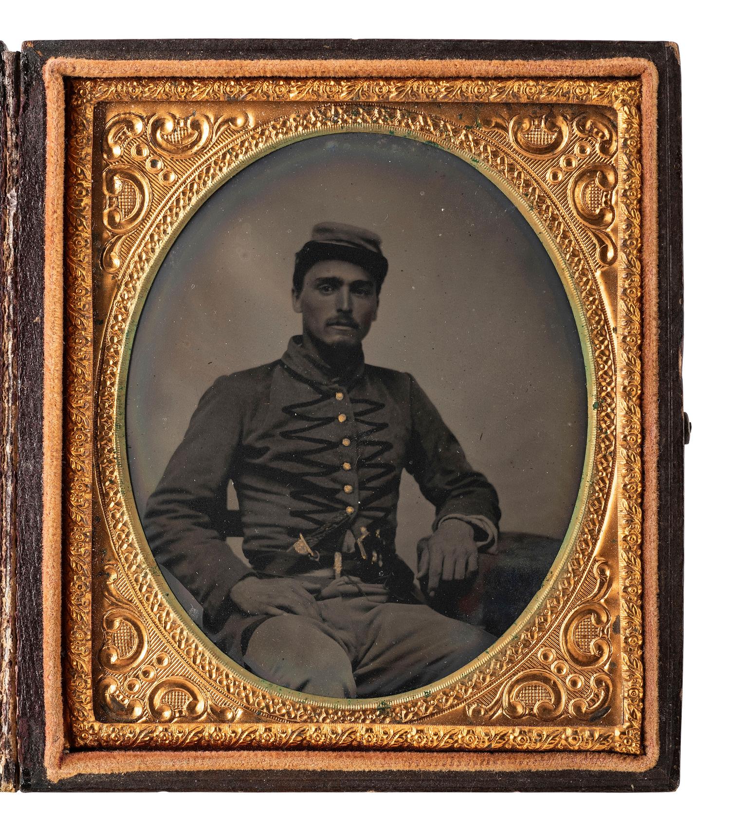 [CIVIL WAR]. Sixth plate tintype featuring a double-armed Confederate soldier.