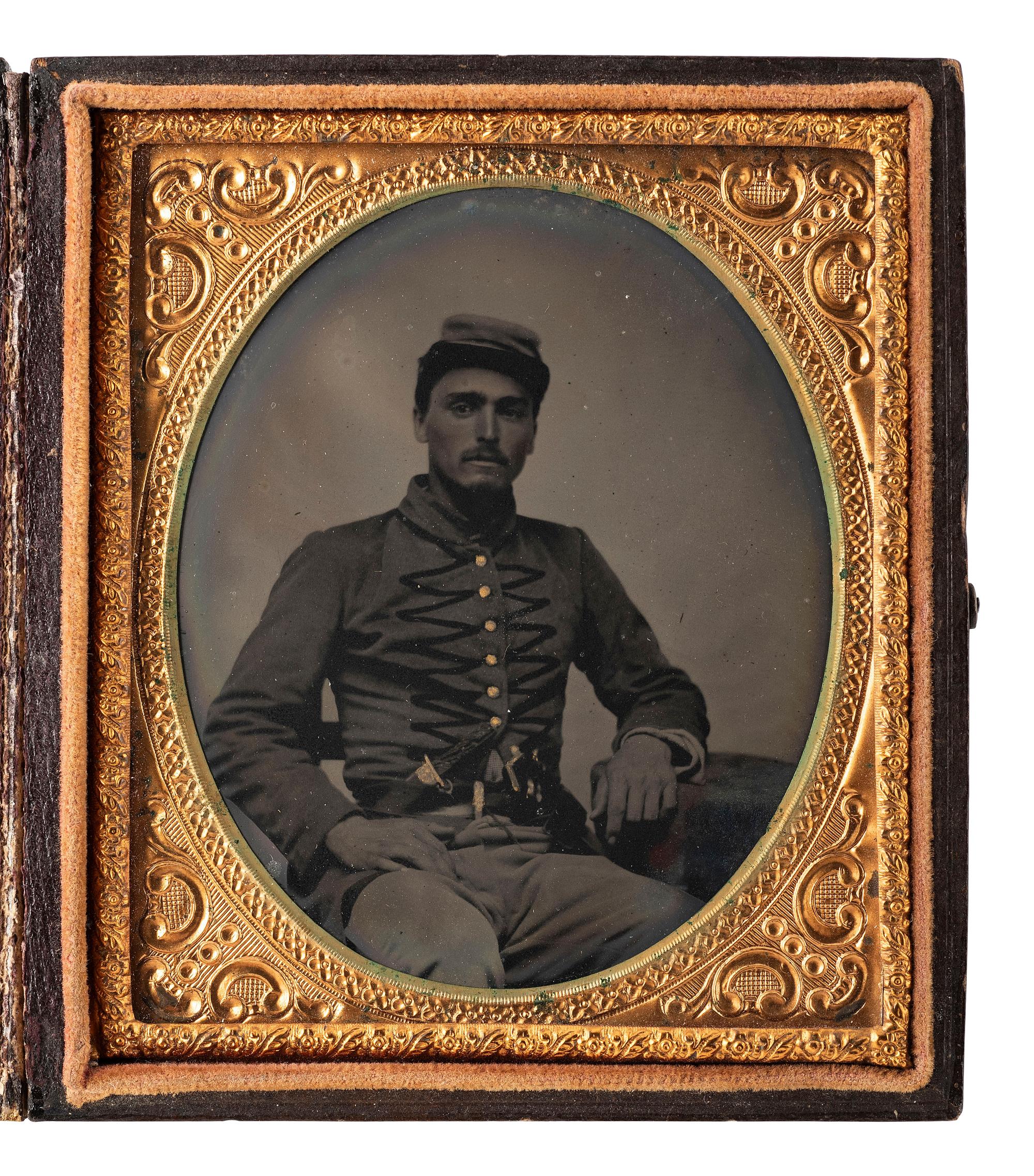 [CIVIL WAR]. Sixth plate tintype featuring a double-armed Confederate soldier.