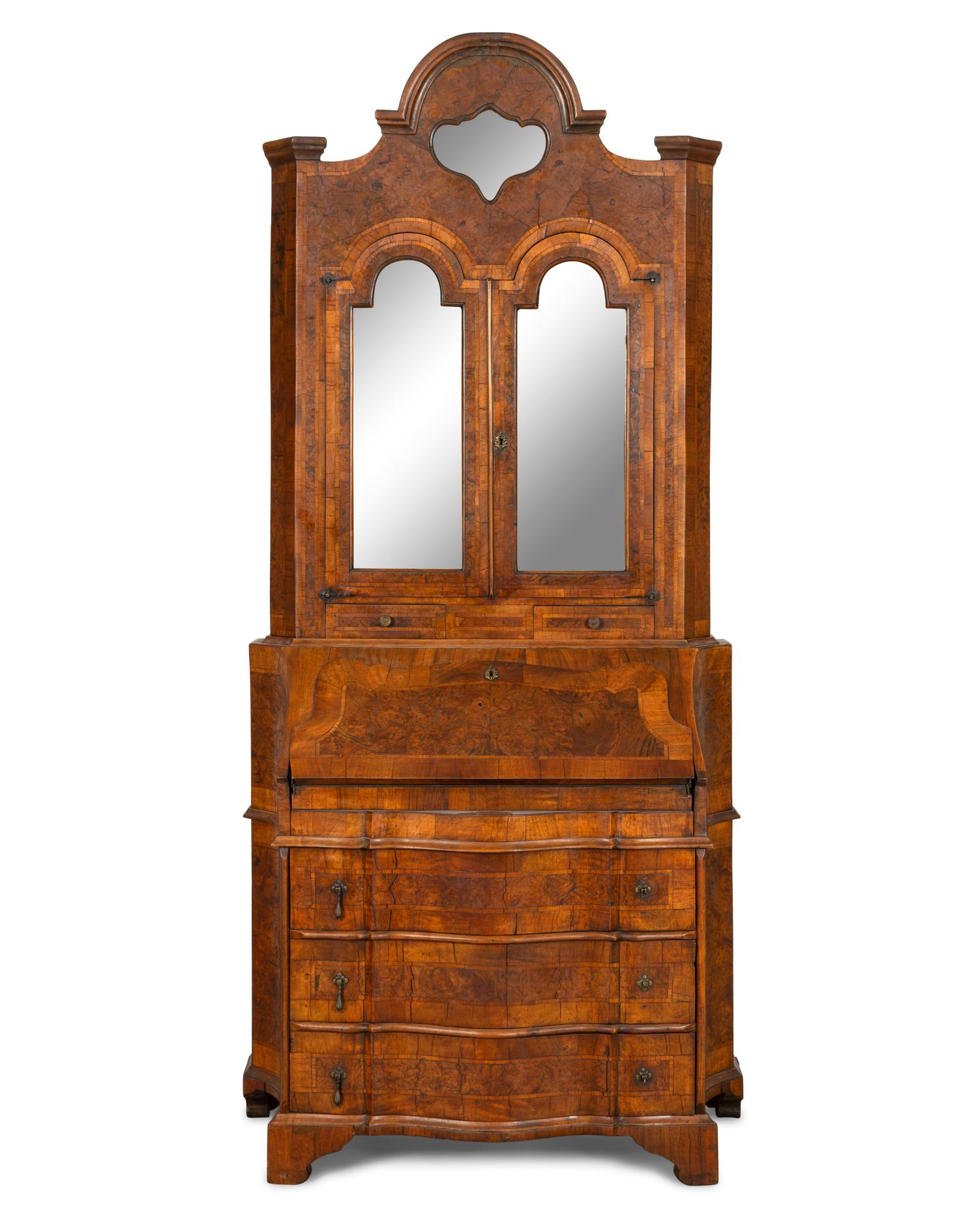 A Continental Burl Walnut Parquetry Bureau Bookcase