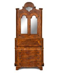 A Continental Burl Walnut Parquetry Bureau Bookcase