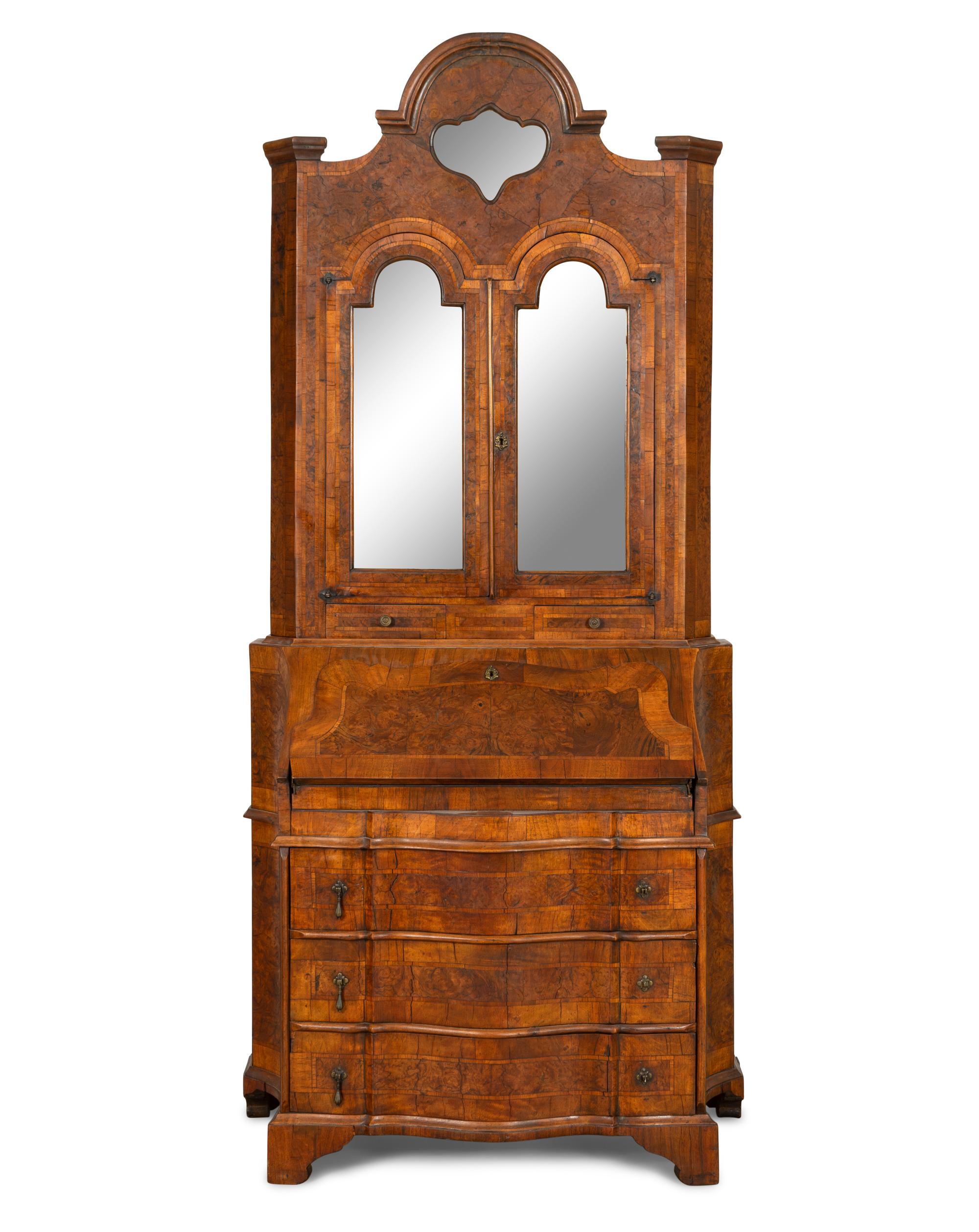 A Continental Burl Walnut Parquetry Bureau Bookcase