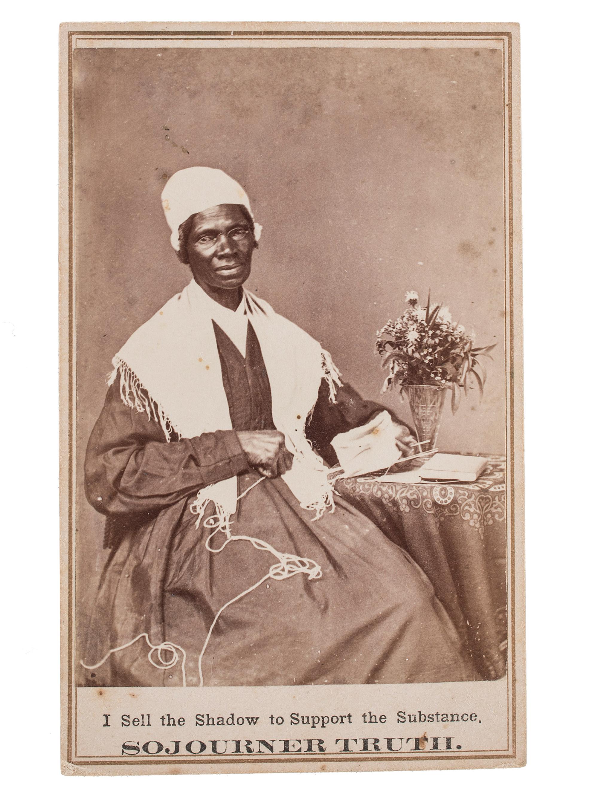 [TRUTH, Sojourner (1797-1883)]. CDV of Sojourner Truth with flowers. Uncredited: Michigan, 1864.