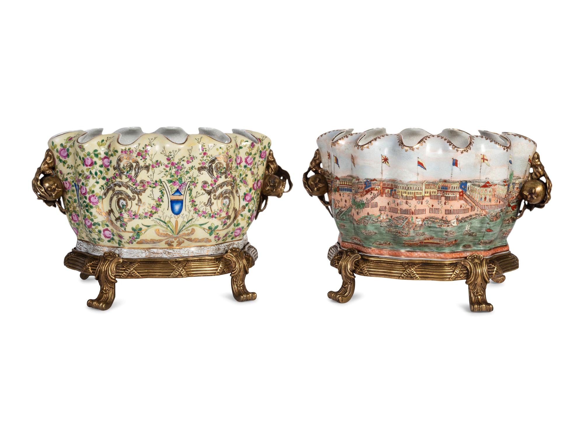 A Pair of United Wilson Gilt Metal Mounted Scalloped Porcelain Jardinieres