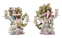 A Pair of English Bocage Porcelain Figural Candelabra Height 10 3/4 inches. — 18TH CENTURY