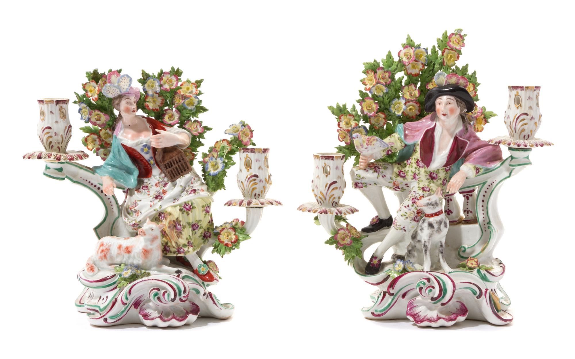 A Pair of English Bocage Porcelain Figural Candelabra Height 10 3/4 inches. — 18TH CENTURY