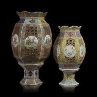 Two Chinese Famille Rose Porcelain Hexagonal Reticulated Lanterns, 20th Century — 近代 粉彩瓷燈籠兩具