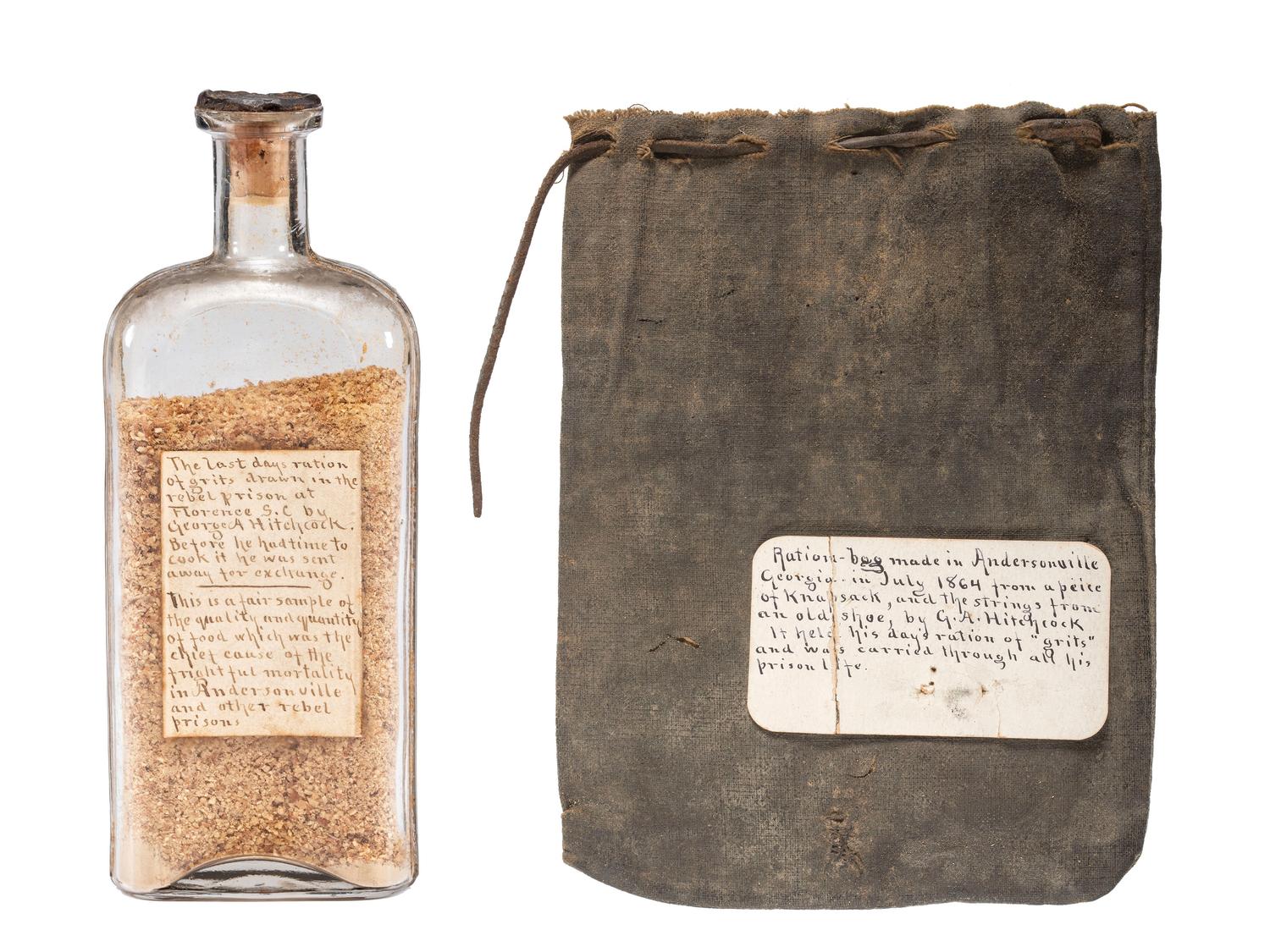 Private George A. Hitchcock, Company A, 21st Massachusetts Infantry, Andersonville Prisoner of War. Ration bag and "last days ration" of grits from Florence, South Carolina prison.