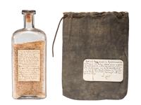 Private George A. Hitchcock, Company A, 21st Massachusetts Infantry, Andersonville Prisoner of War. Ration bag and "last days ration" of grits from Florence, South Carolina prison.