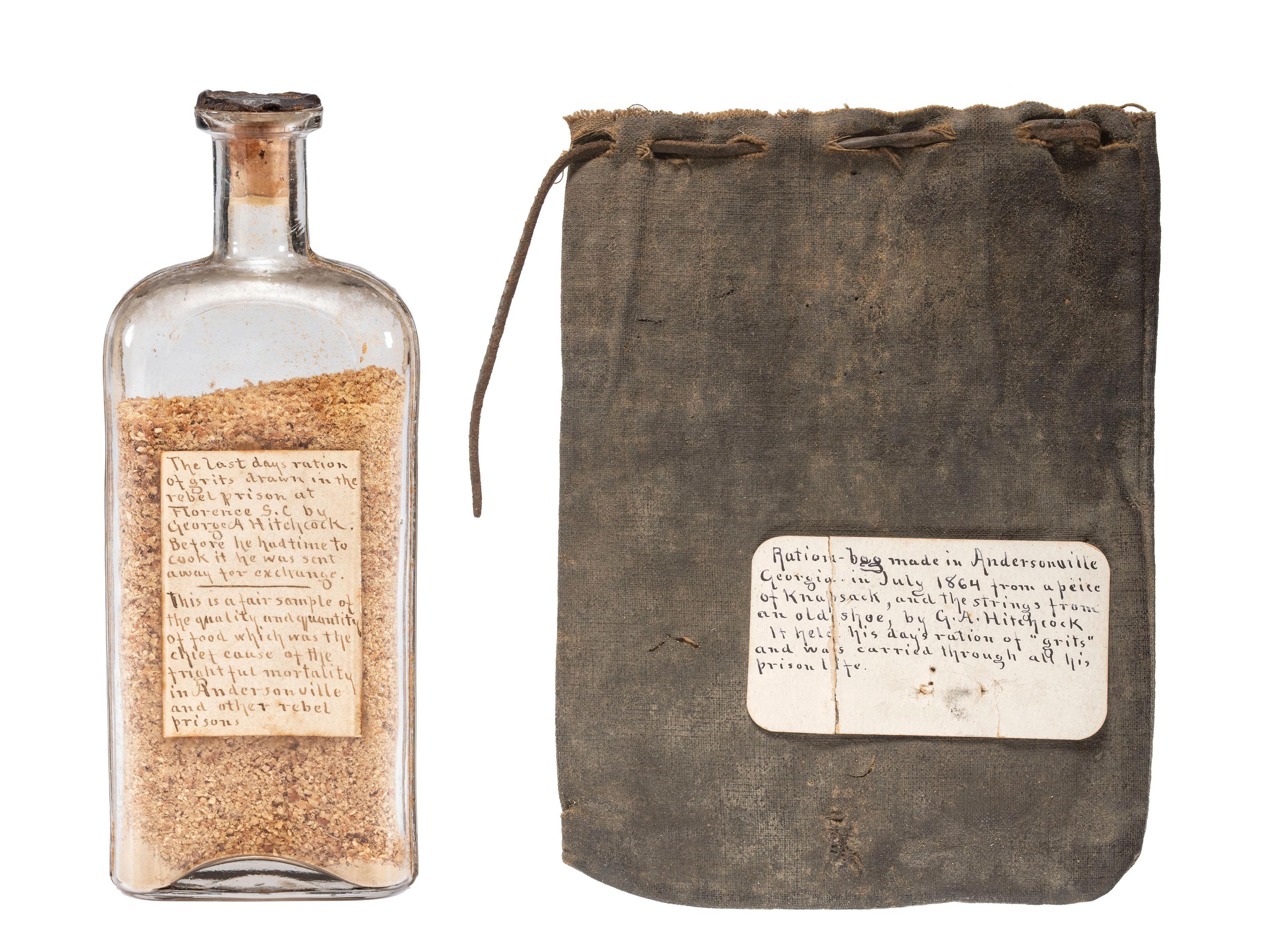Private George A. Hitchcock, Company A, 21st Massachusetts Infantry, Andersonville Prisoner of War. Ration bag and "last days ration" of grits from Florence, South Carolina prison.