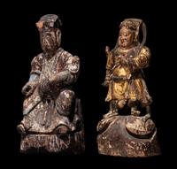 Two Chinese Carved Wood Figures of Guardians