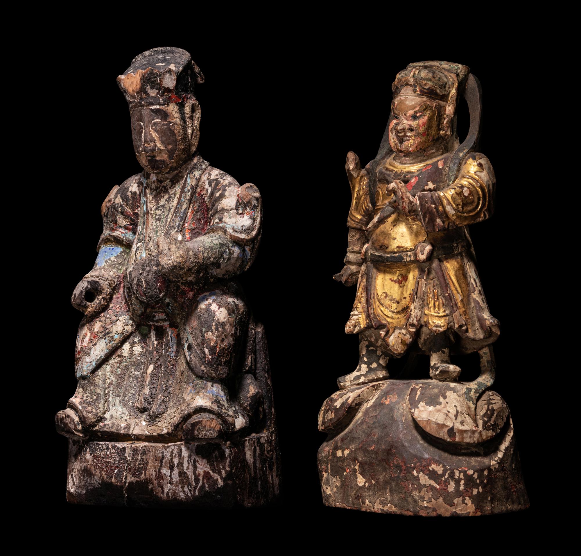 Two Chinese Carved Wood Figures of Guardians