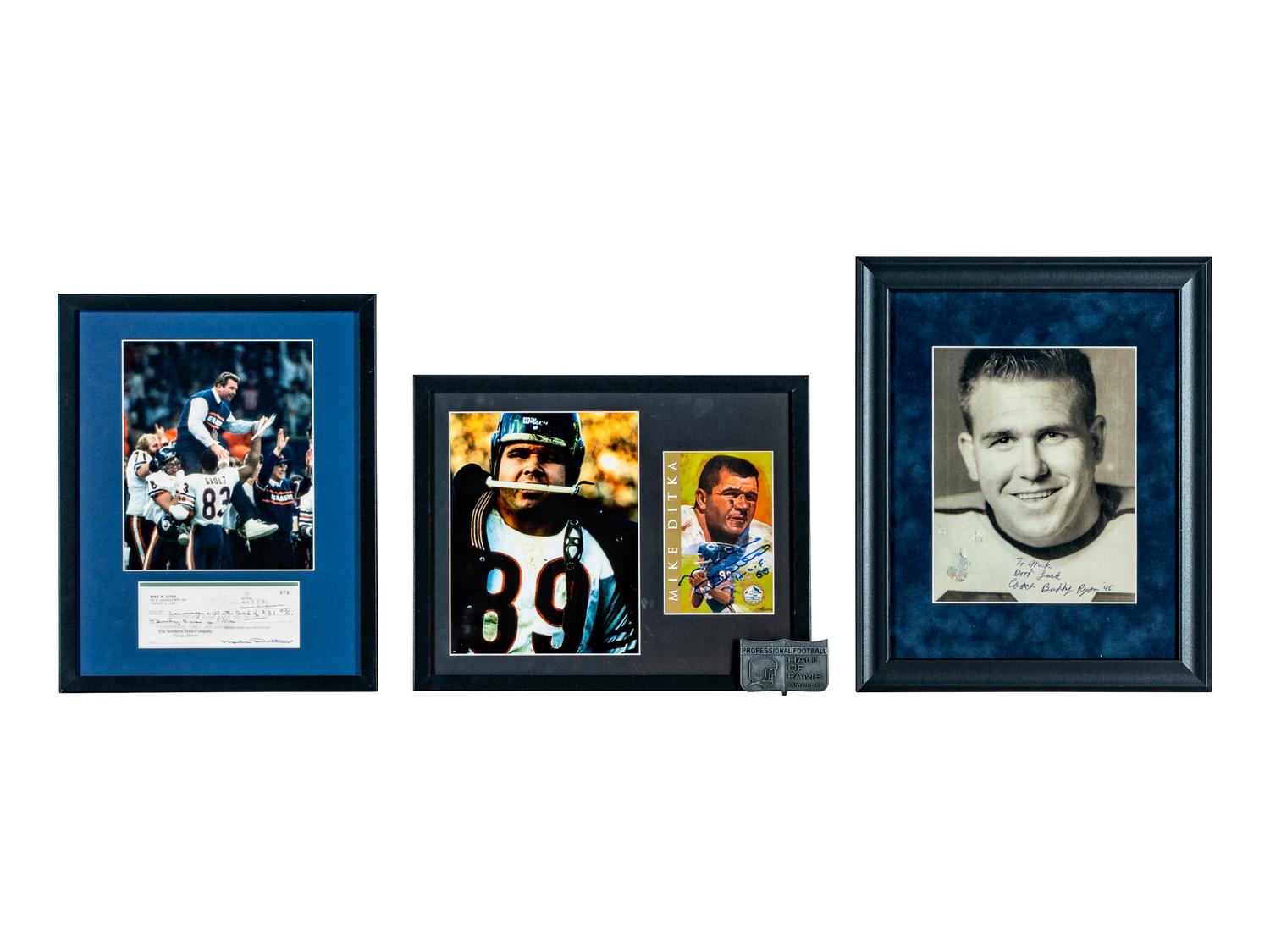 Collection Two of Chicago Bears Legend Mike Ditka's Personal Items Including Hall of Fame Belt Buckle and Signed Display